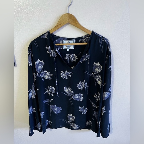 DASLU SAO PAOLO BLOUSE 100*% SILK black floral long sleeve LIGHTWEIGHT top Ss M - Picture 1 of 16